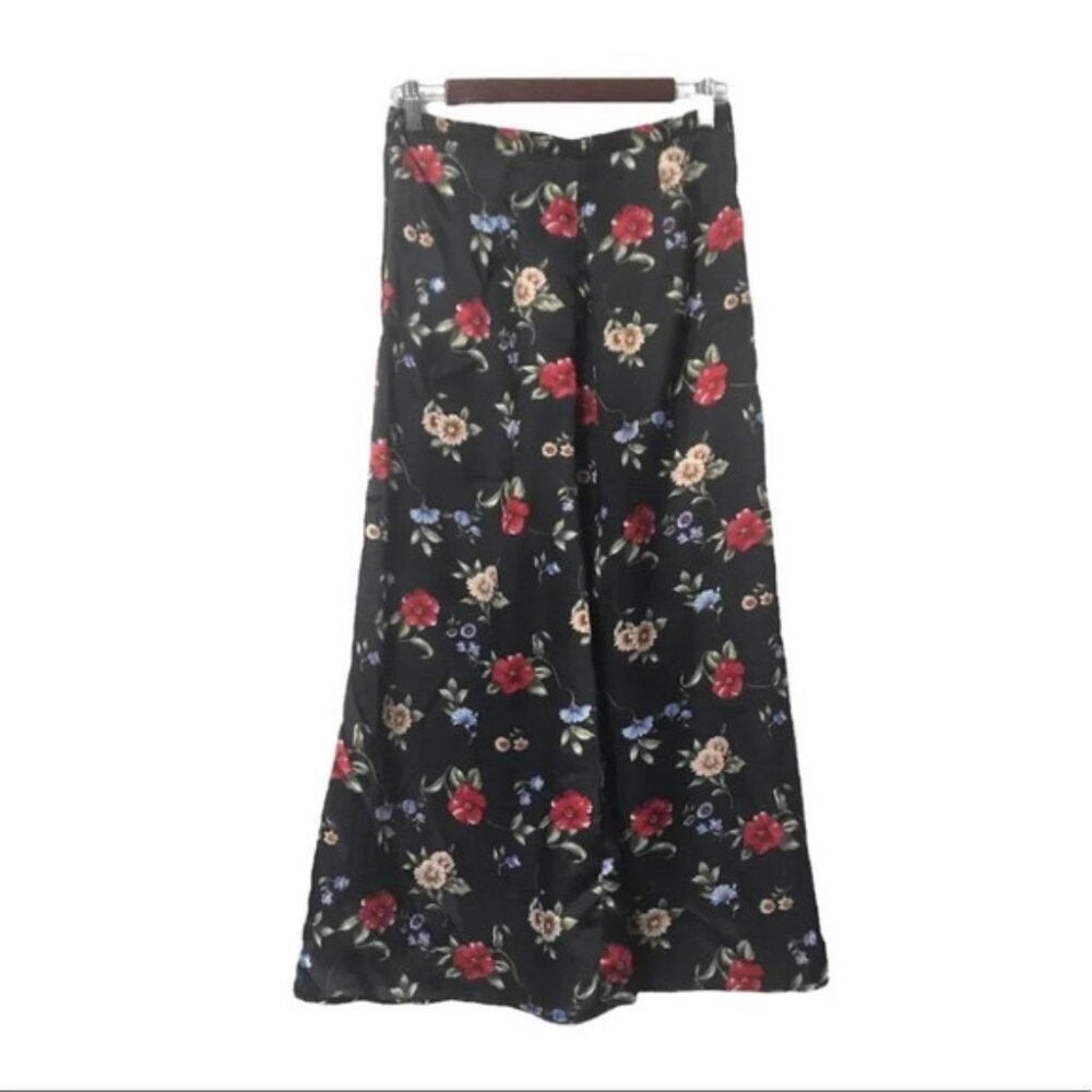 Vintage y2k Carroll Reed Collections Floral Black Satin Midi Skirt